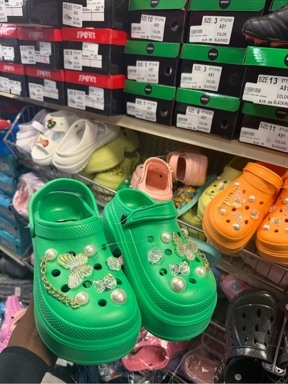 Kids Green Platform Clog Shoes with Decorative Pearls and Chains
